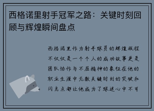 西格诺里射手冠军之路：关键时刻回顾与辉煌瞬间盘点
